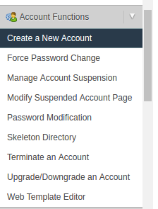 New Account Menu in WHM