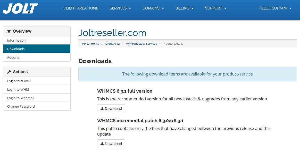 Download WHMCS from Client Area in Jolt