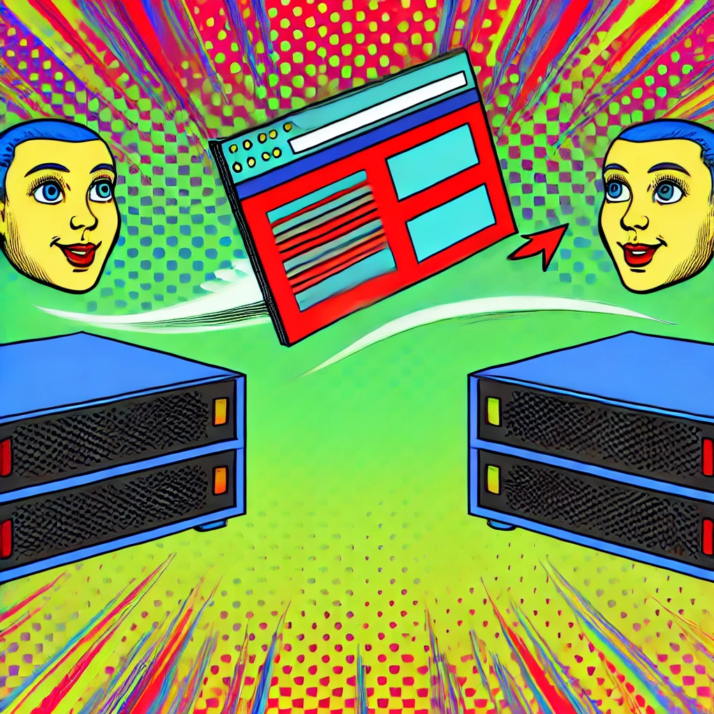 A cartoon or pop art style illustration featuring two servers, one on each side of the image. In the middle, there is a stylized website page flying